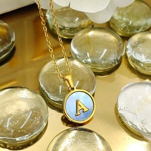 Dainty Initial Letter Charm, A, 18K GP Blue Reflections Charm Pendant Necklace
